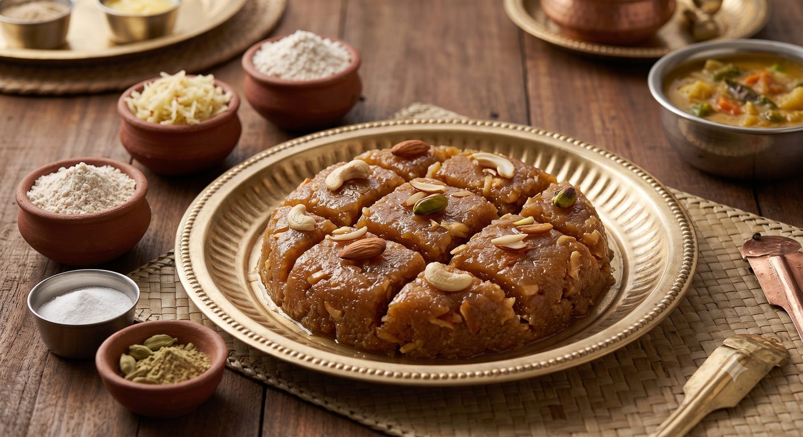 Photo of apple halwa served on a brass plate