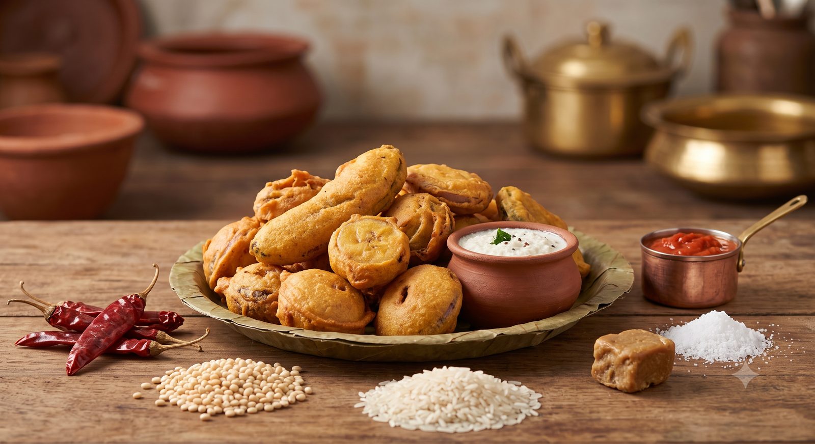 Photo of vegetable fritters served with chutney