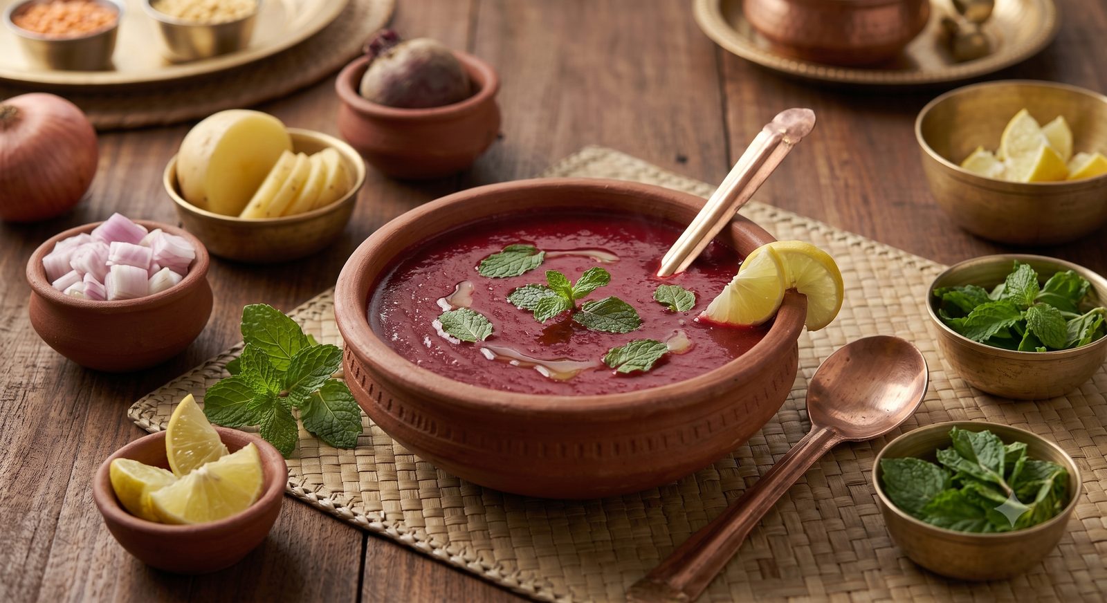 Photo of beetroot soup served in a clay bowl
