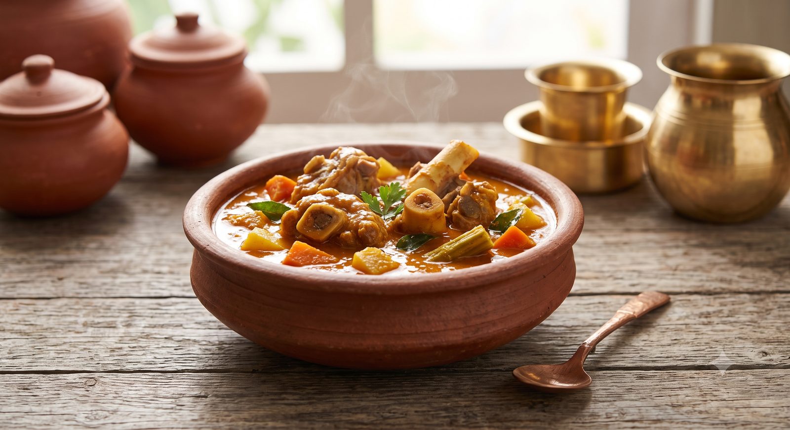 Photo of bone sambar served in a clay bowl