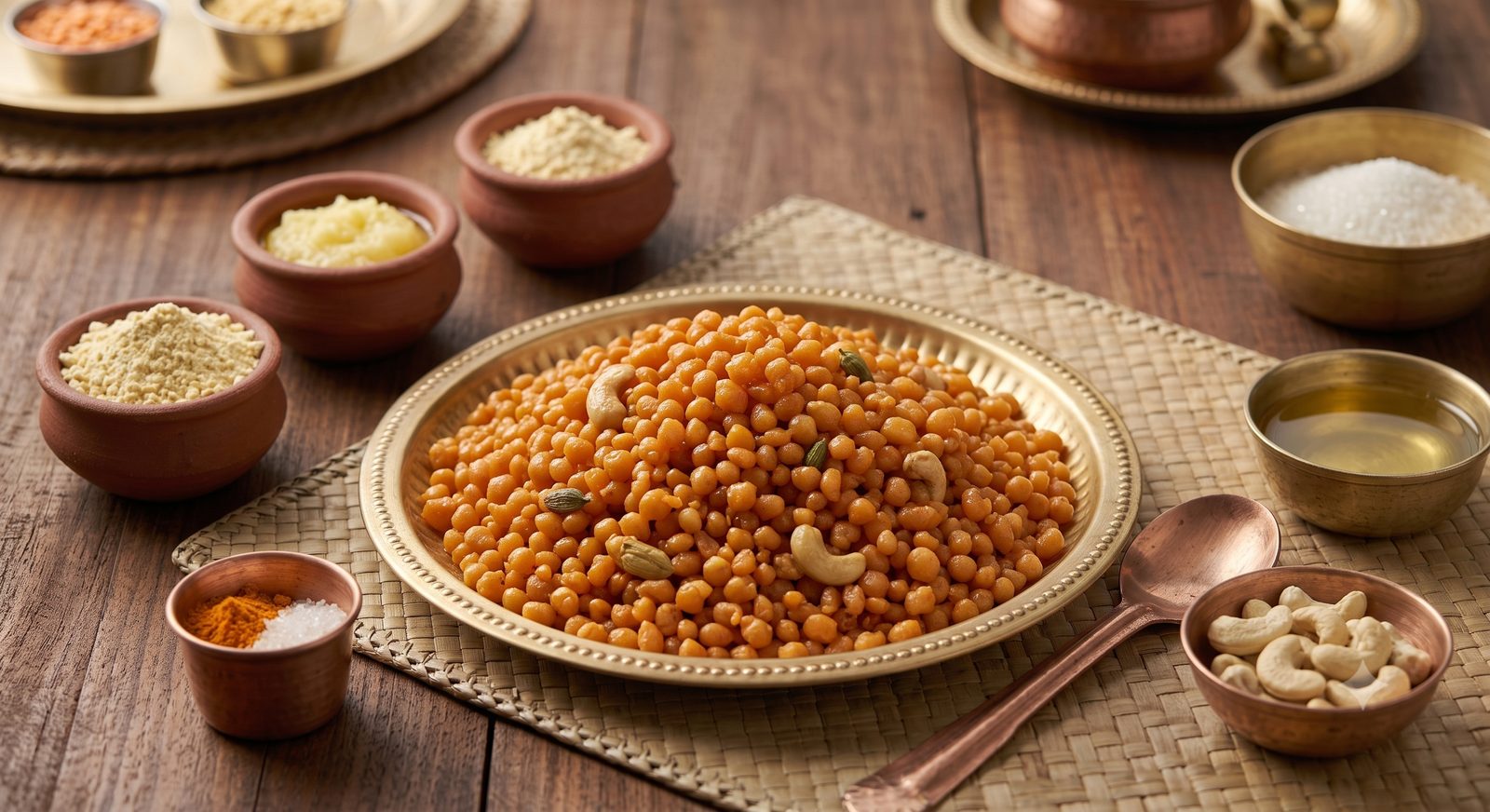 Photo of boondi served on a brass plate