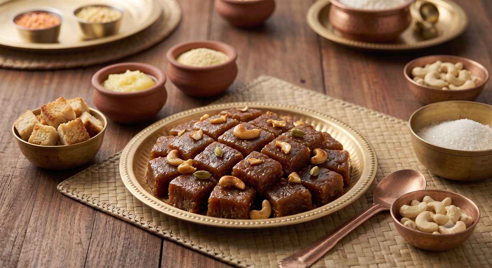 Photo of bread halwa served on a brass plate