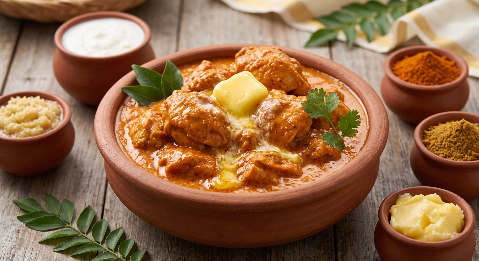 Photo of butter chicken masala served in a clay bowl