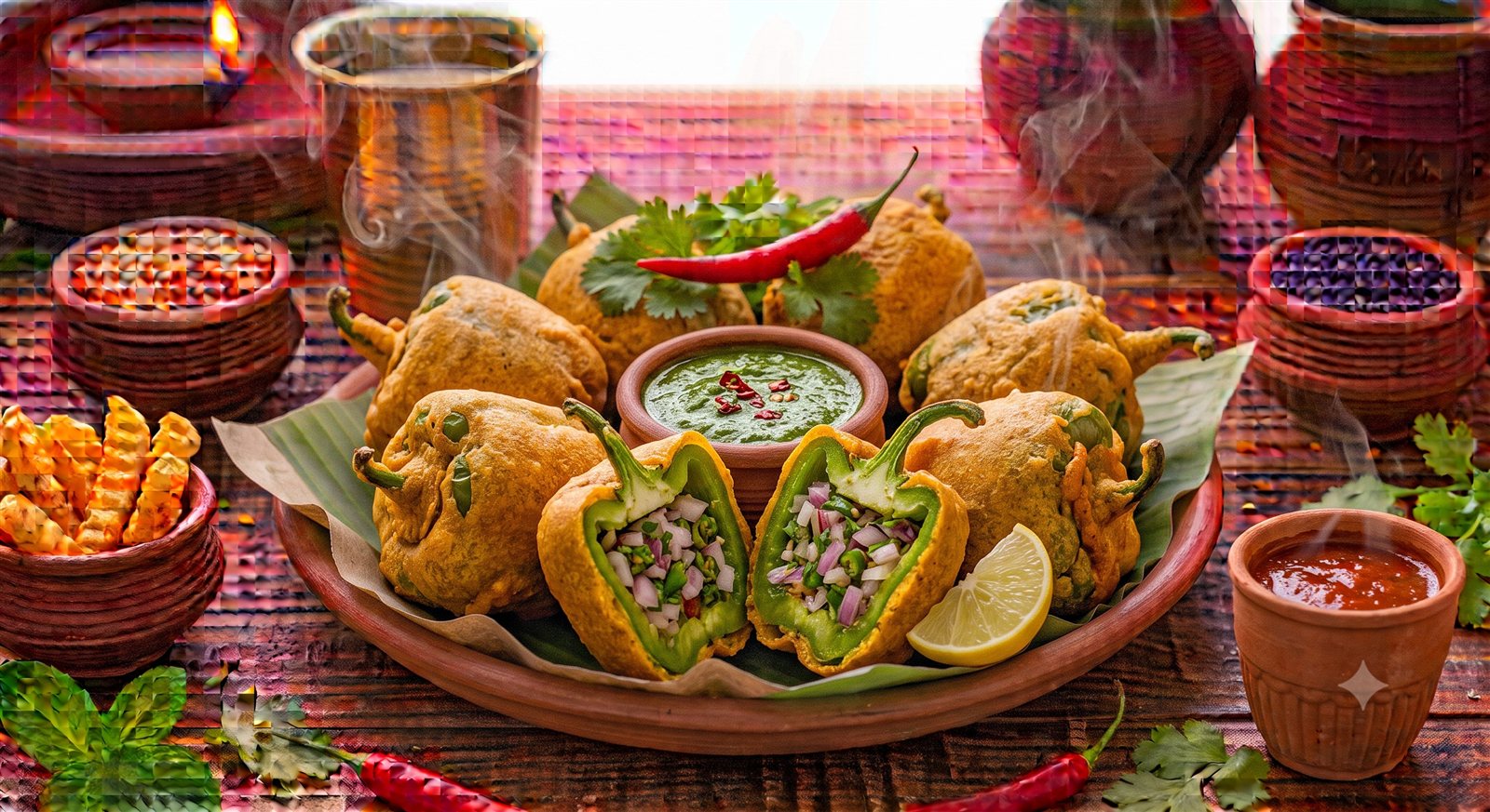 Photo of Capsicum Bajji sliced open showing the onion filling