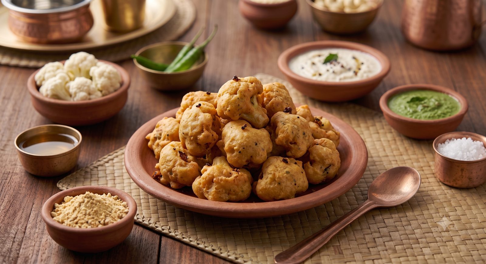 Photo of cauliflower fritters served with chutney