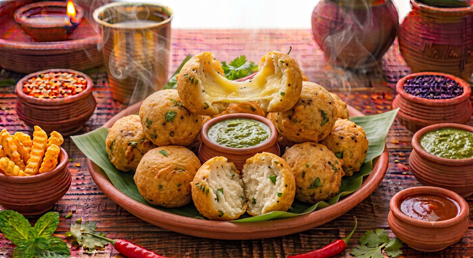 Photo of Cheese Bonda cut open showing the melted cheese filling