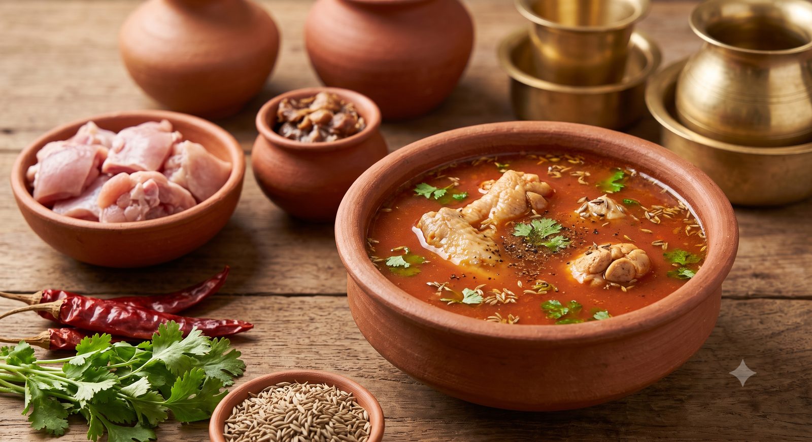 Photo of chicken curry rasam served in a clay bowl