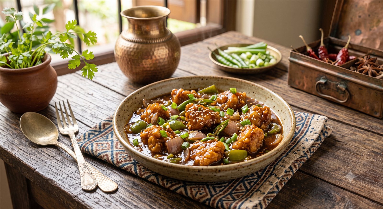 Photo of Chicken Manchurian served with capsicum and onion in the gravy