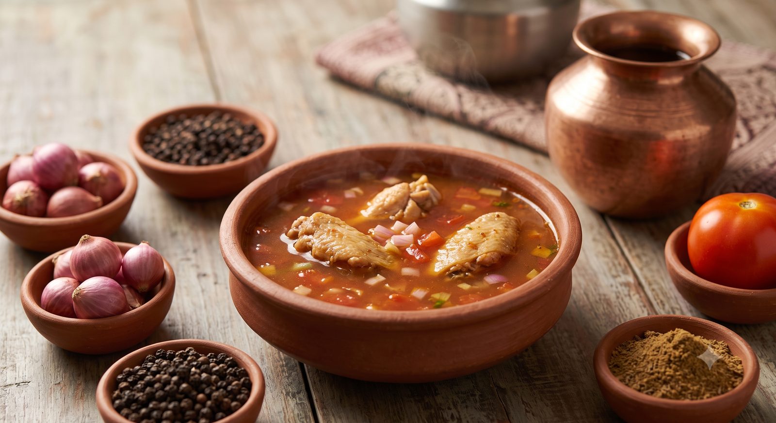 Photo of chicken rasam served in a clay bowl