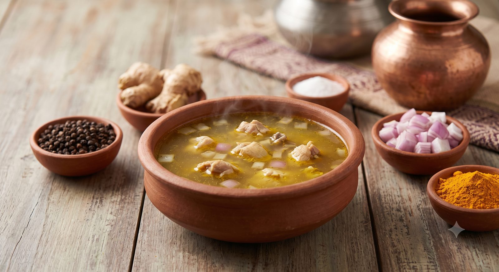 Photo of chicken soup served in a clay bowl