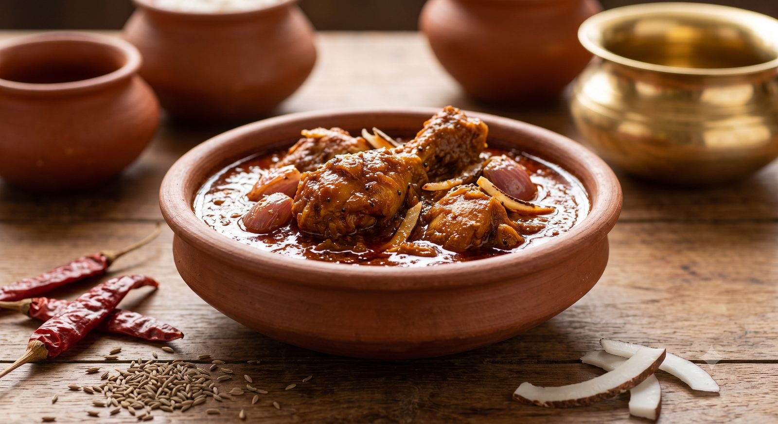 Photo of chicken vindaloo served in a clay bowl