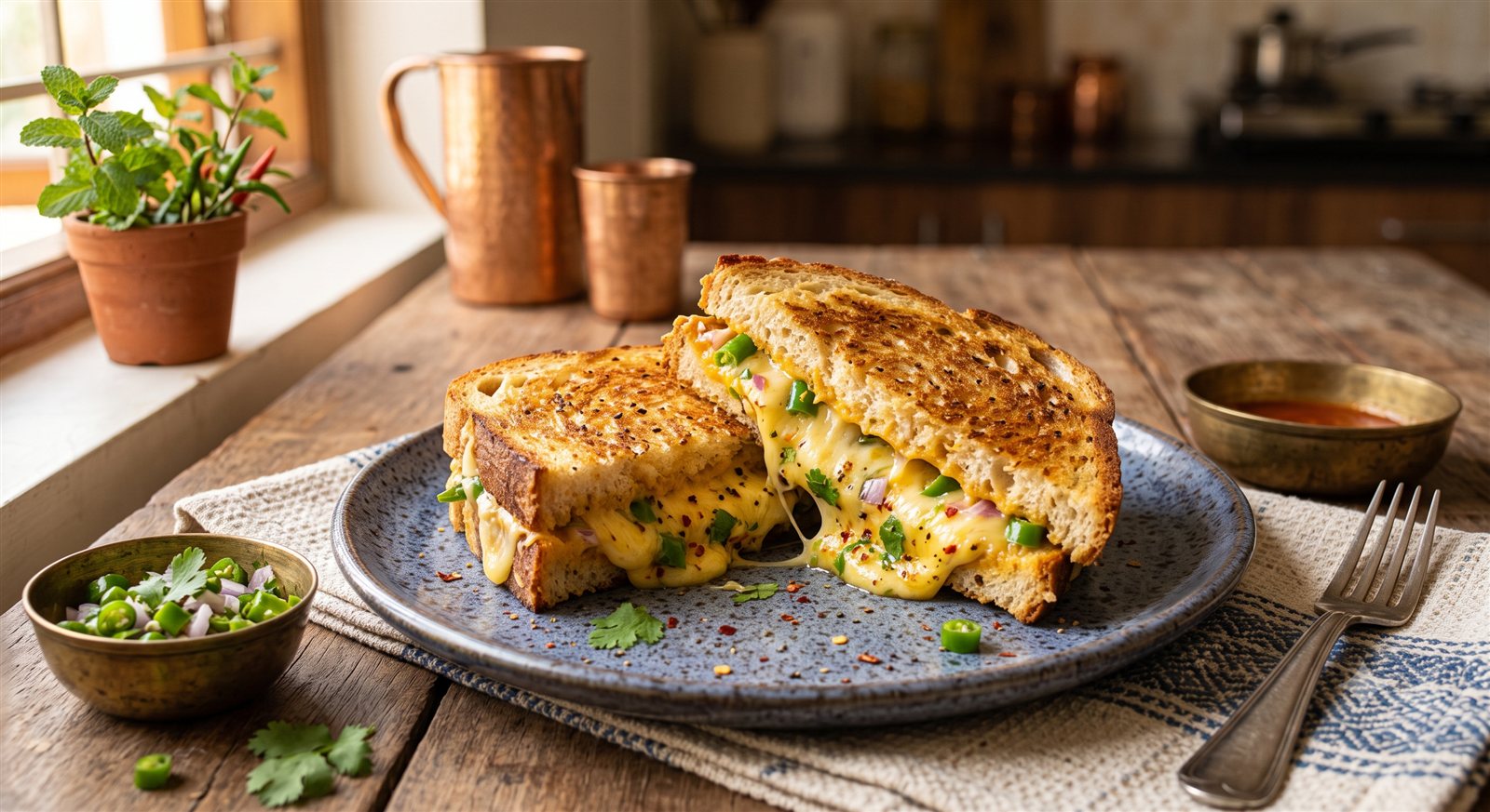 Photo of Chilli Cheese Sandwich cut open showing the melted cheese pull