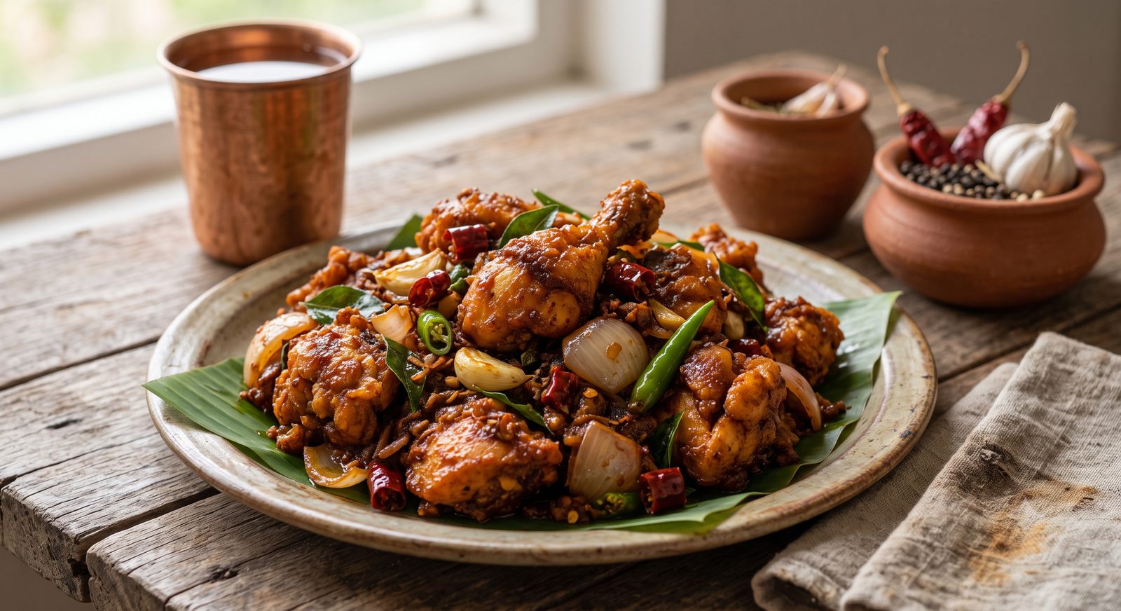 Photo of chilli chicken served on a banana leaf