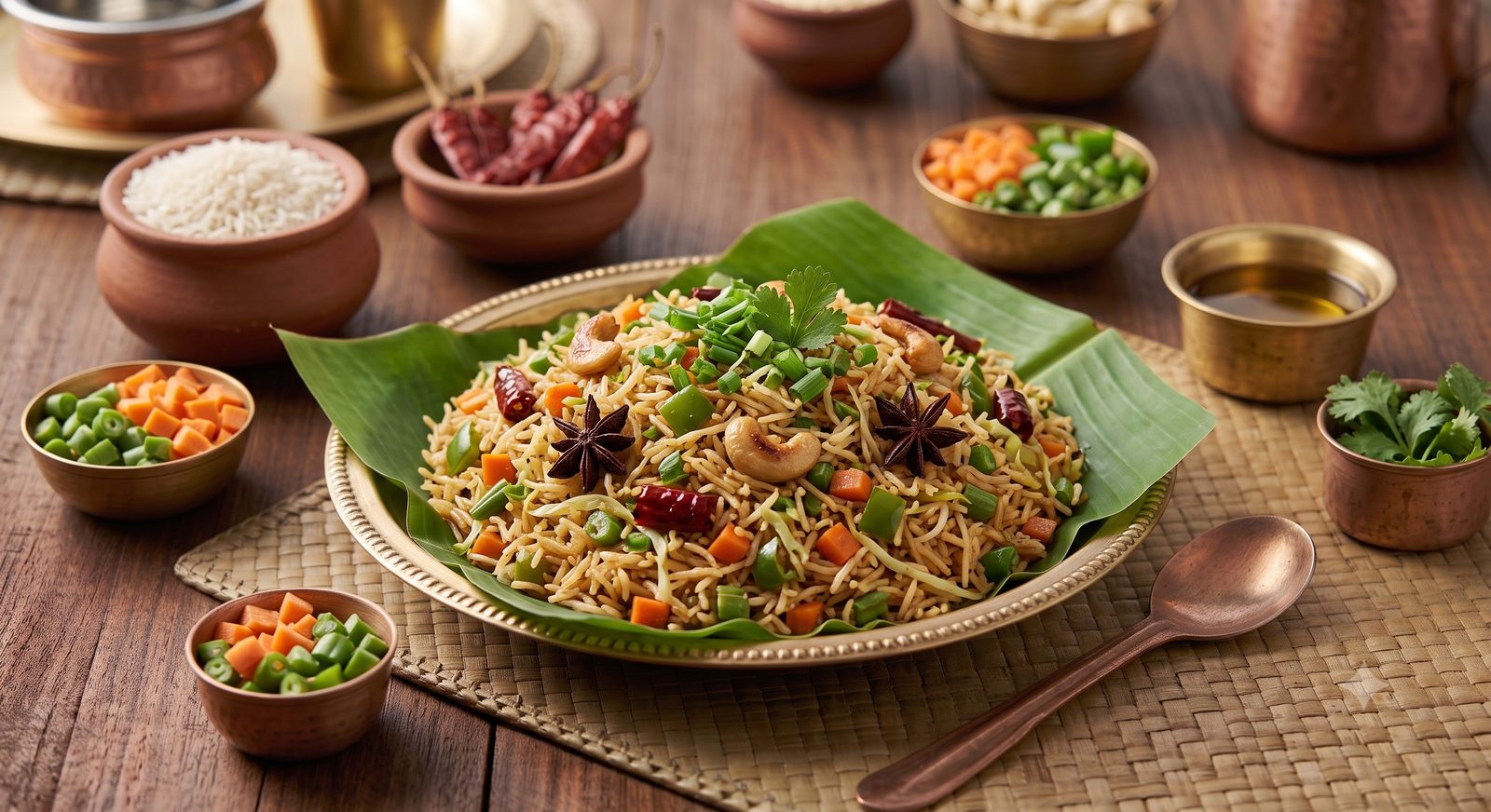 Photo of Chinese-style pulao served on a banana leaf