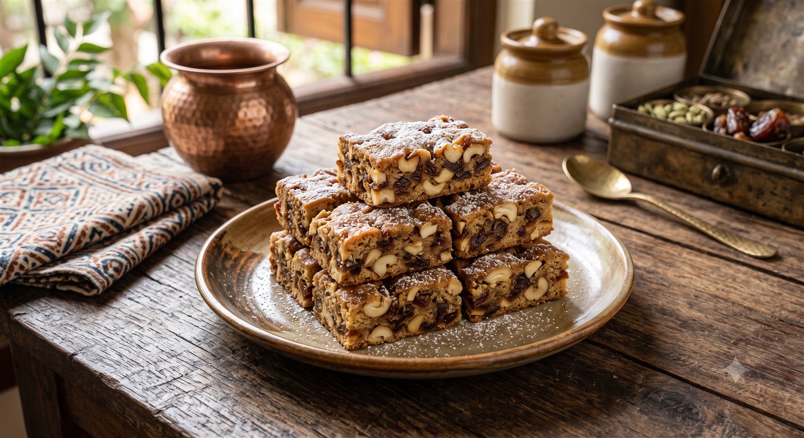 Photo of Chinese Sooce (Cashew-Date Bars) dusted with icing sugar