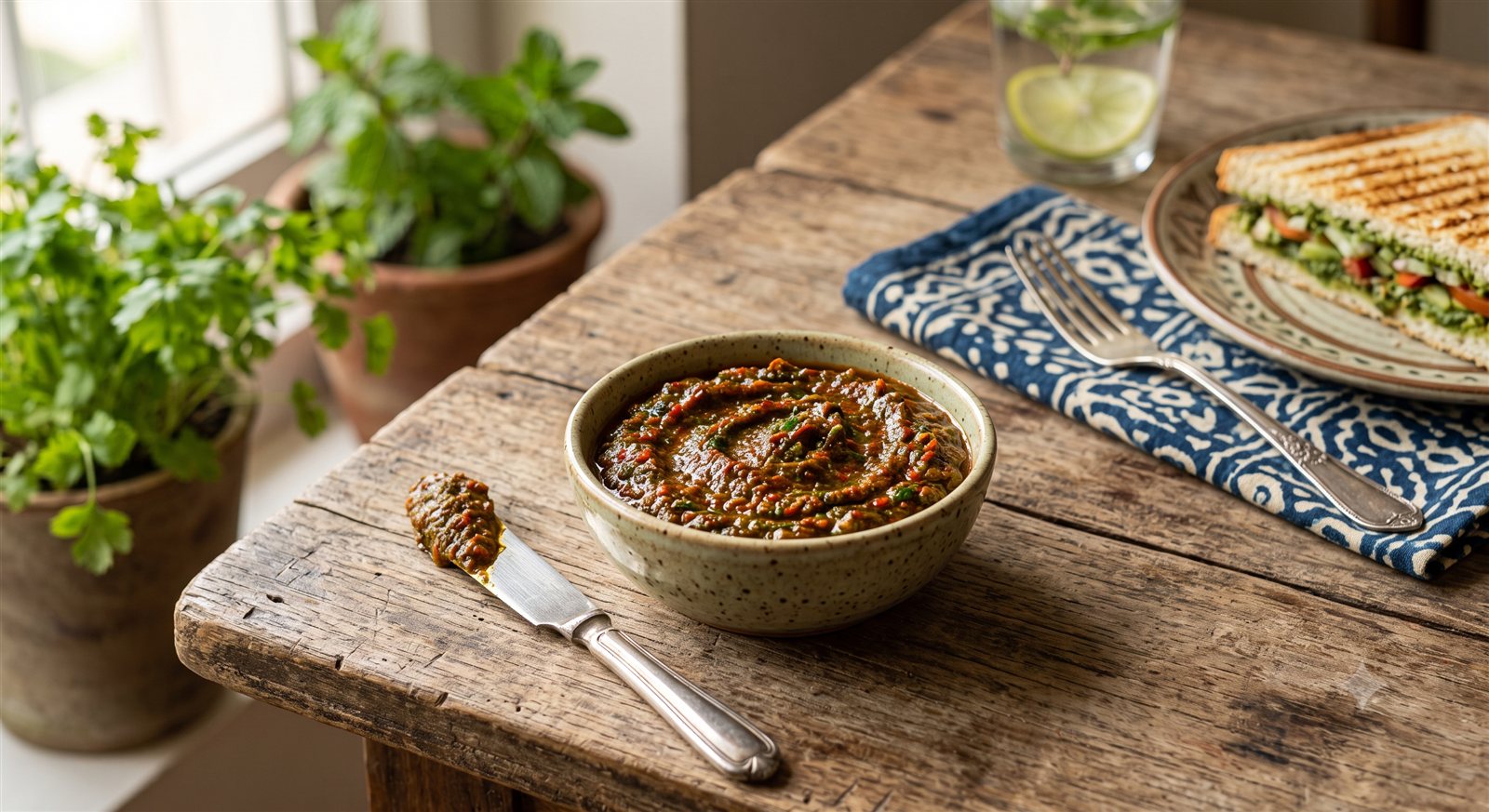 Photo of Coriander Chutney (for Sandwiches) with a knife for spreading