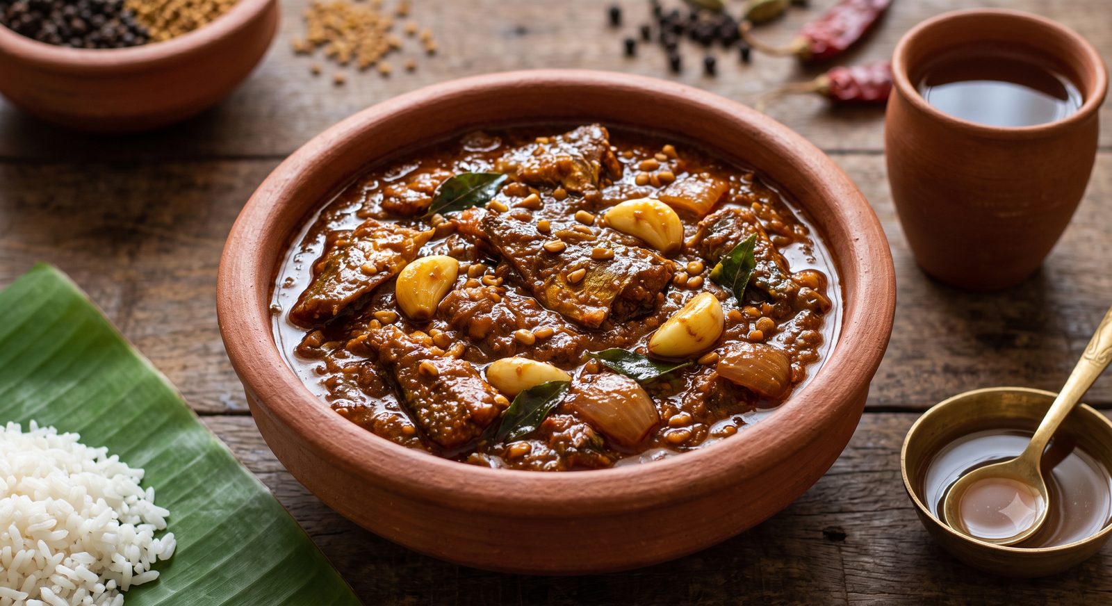 Photo of dried fish kuzhambu served in a clay bowl