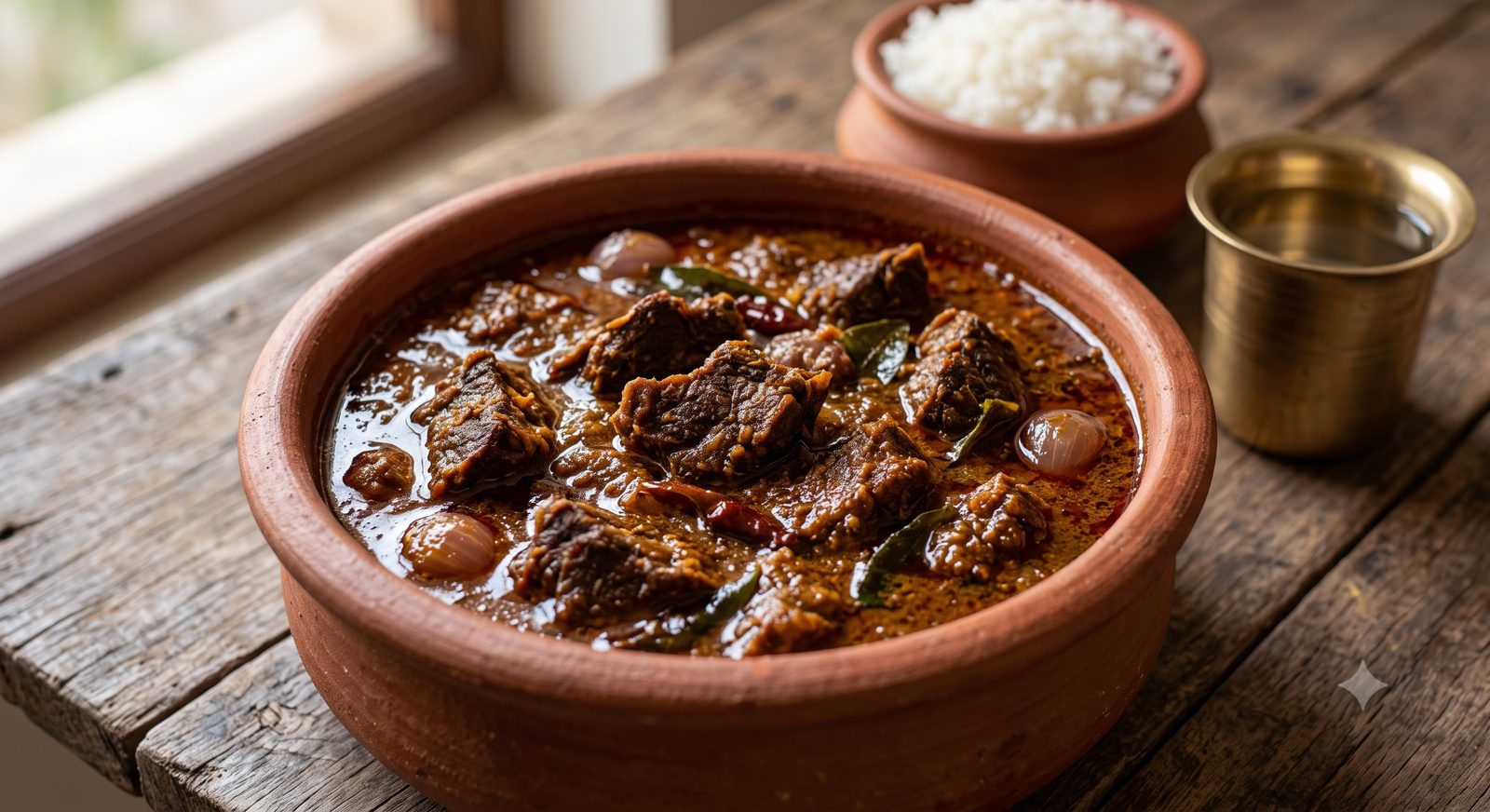 Photo of dried meat kuzhambu served in a clay bowl