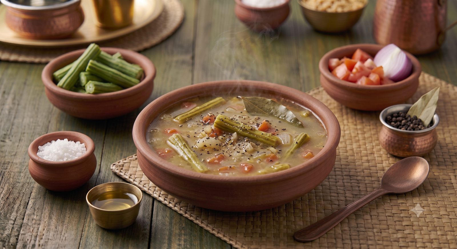 Photo of drumstick stem soup served in a clay bowl