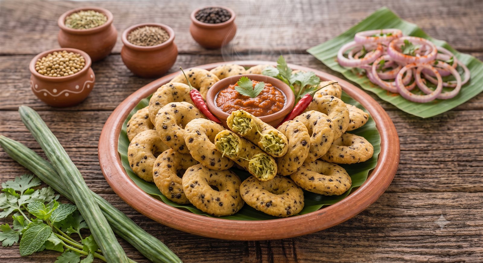 Photo of Drumstick Vadai with whole drumstick pods alongside for reference
