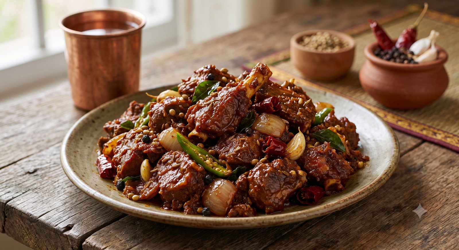 Photo of dry meat curry served on a plate