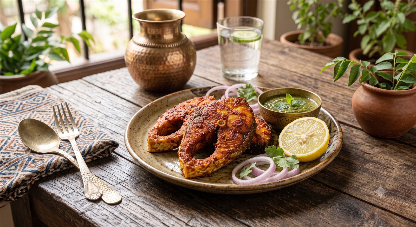 Photo of Fish Fry Roast garnished with onion and lemon