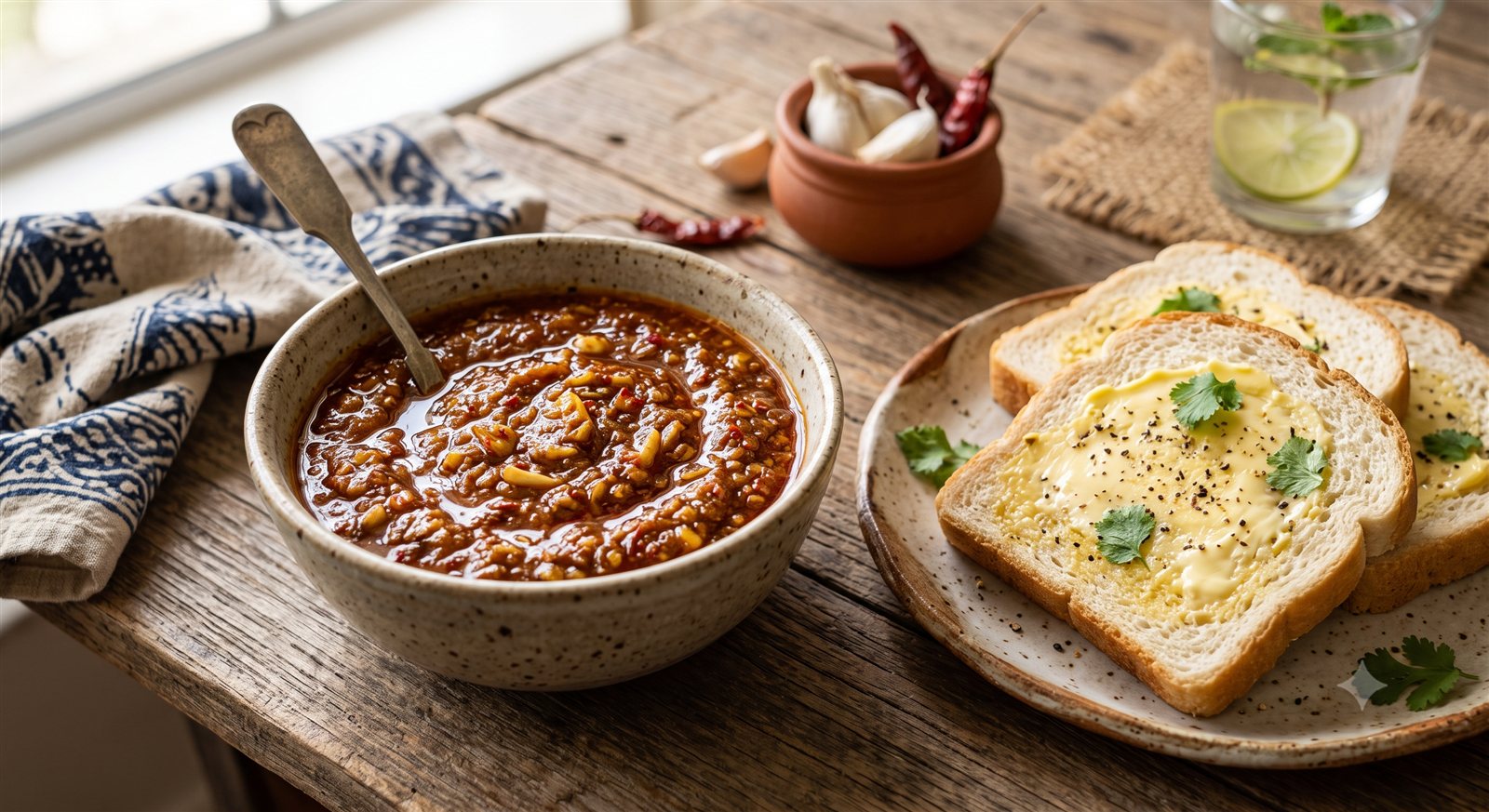 Photo of Garlic Chutney (for Sandwiches) served beside buttered bread