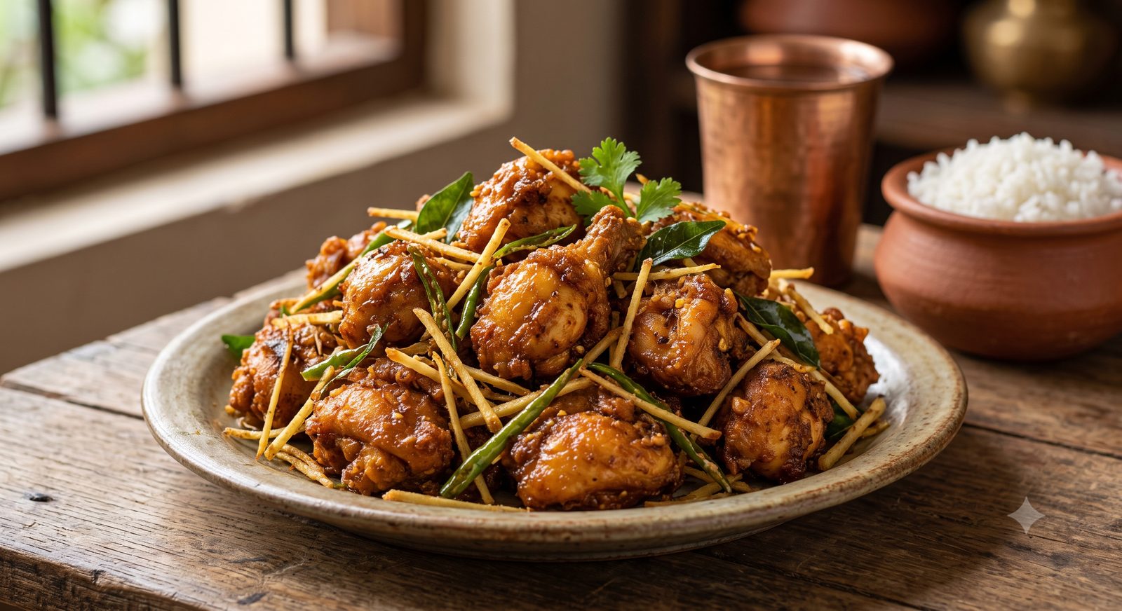 Photo of ginger chilli chicken served on a plate