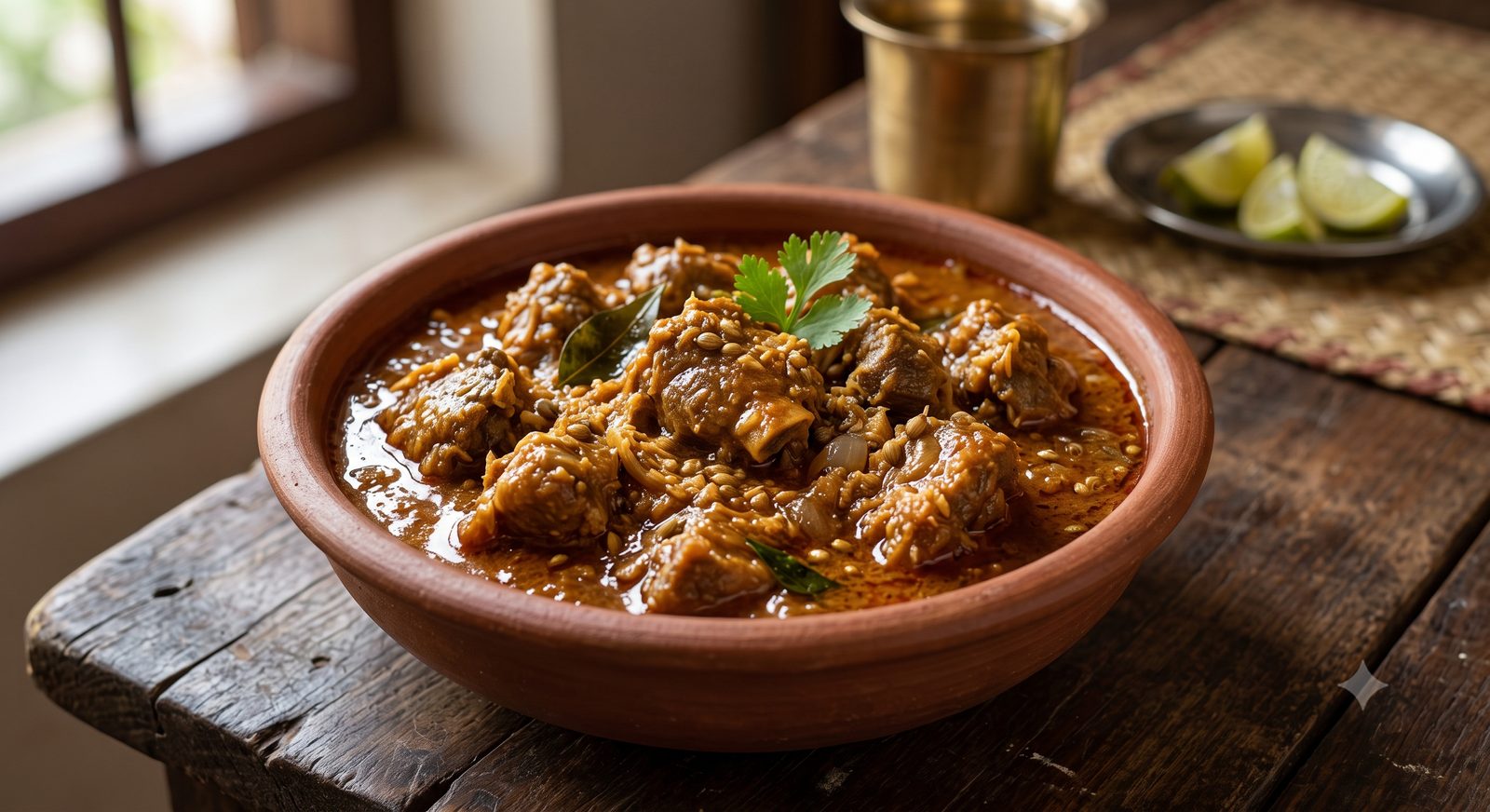 Photo of goat head kuzhambu served in a clay bowl