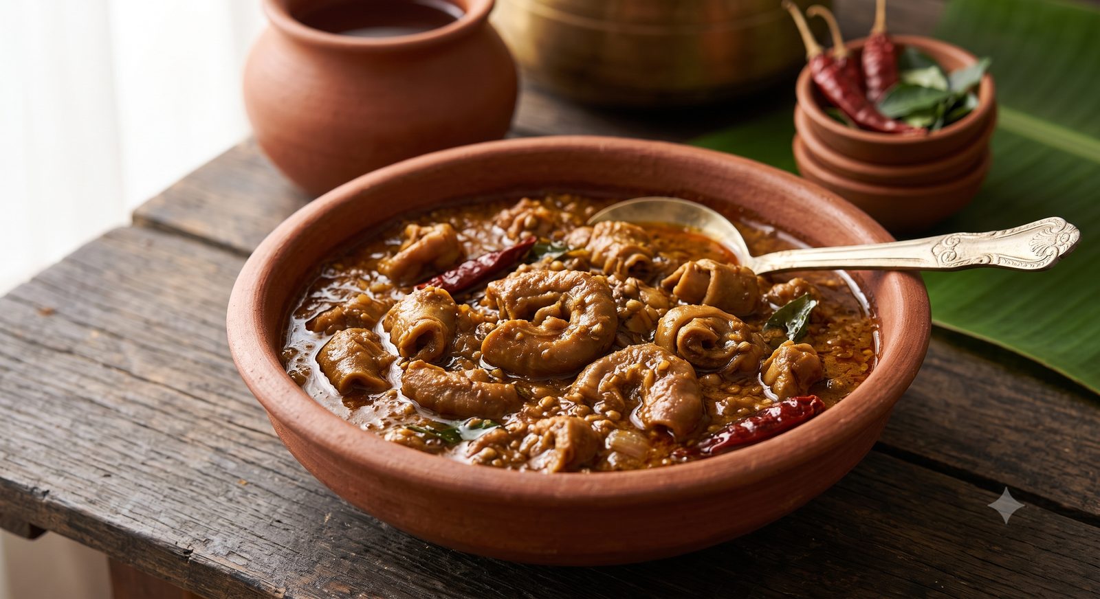 Photo of goat intestine kuzhambu served in a clay bowl