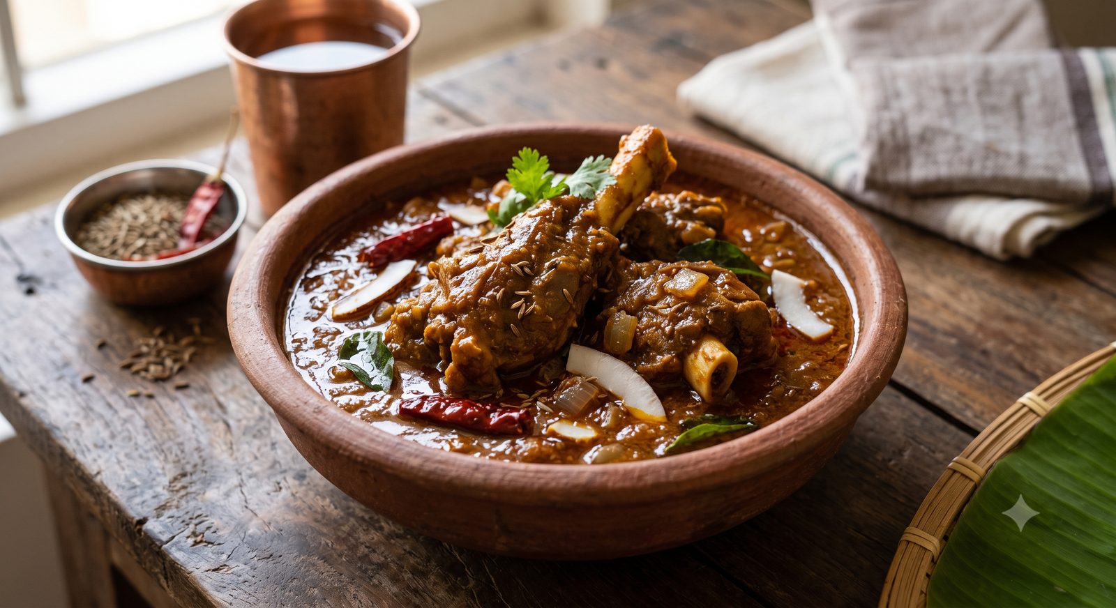 Photo of goat leg kuzhambu served in a clay bowl