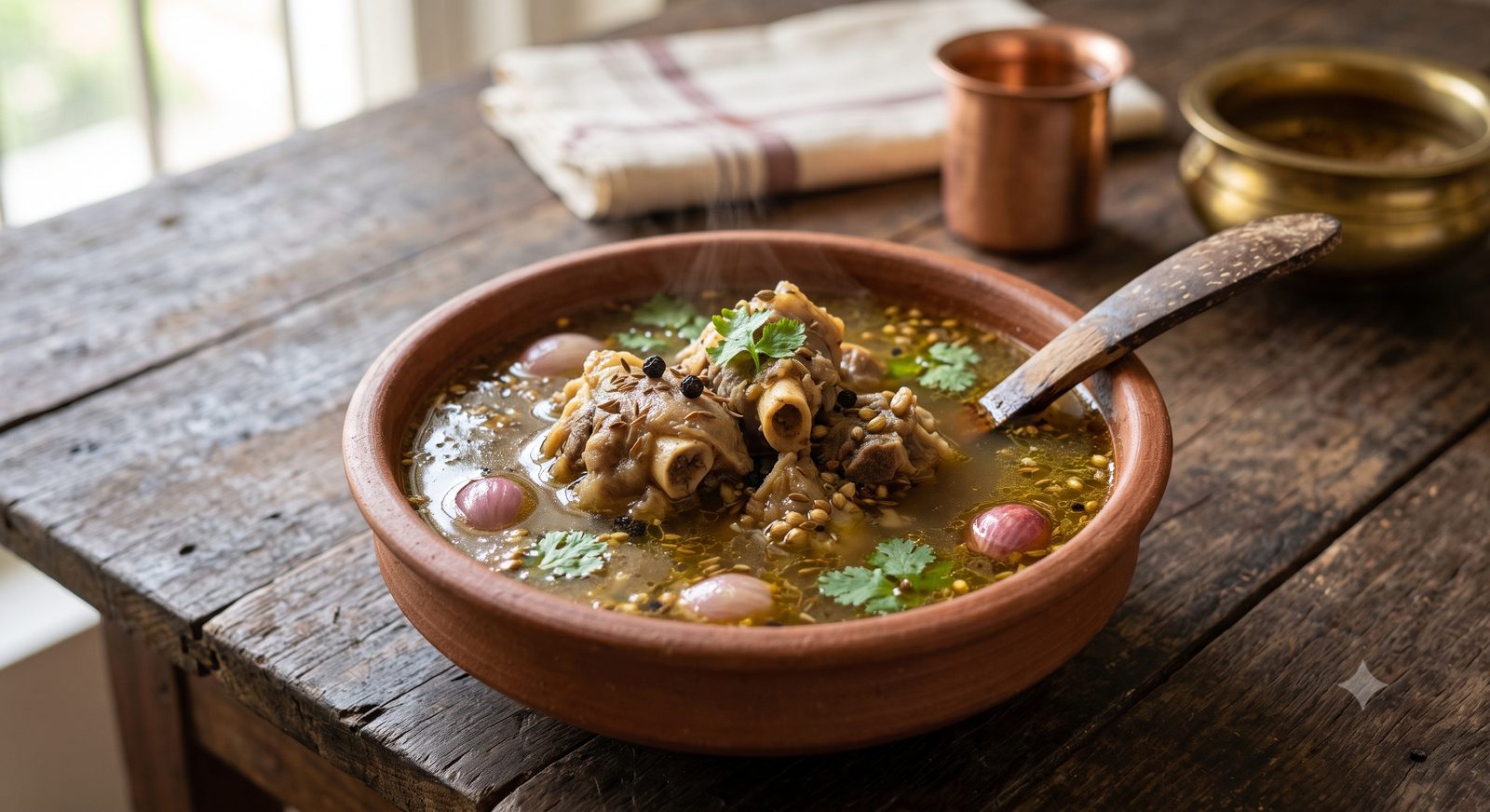 Photo of goat leg soup served in a clay bowl