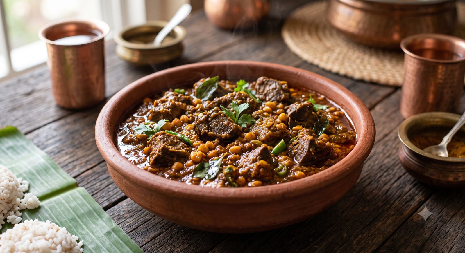 Photo of goat lung kootu served in a clay bowl