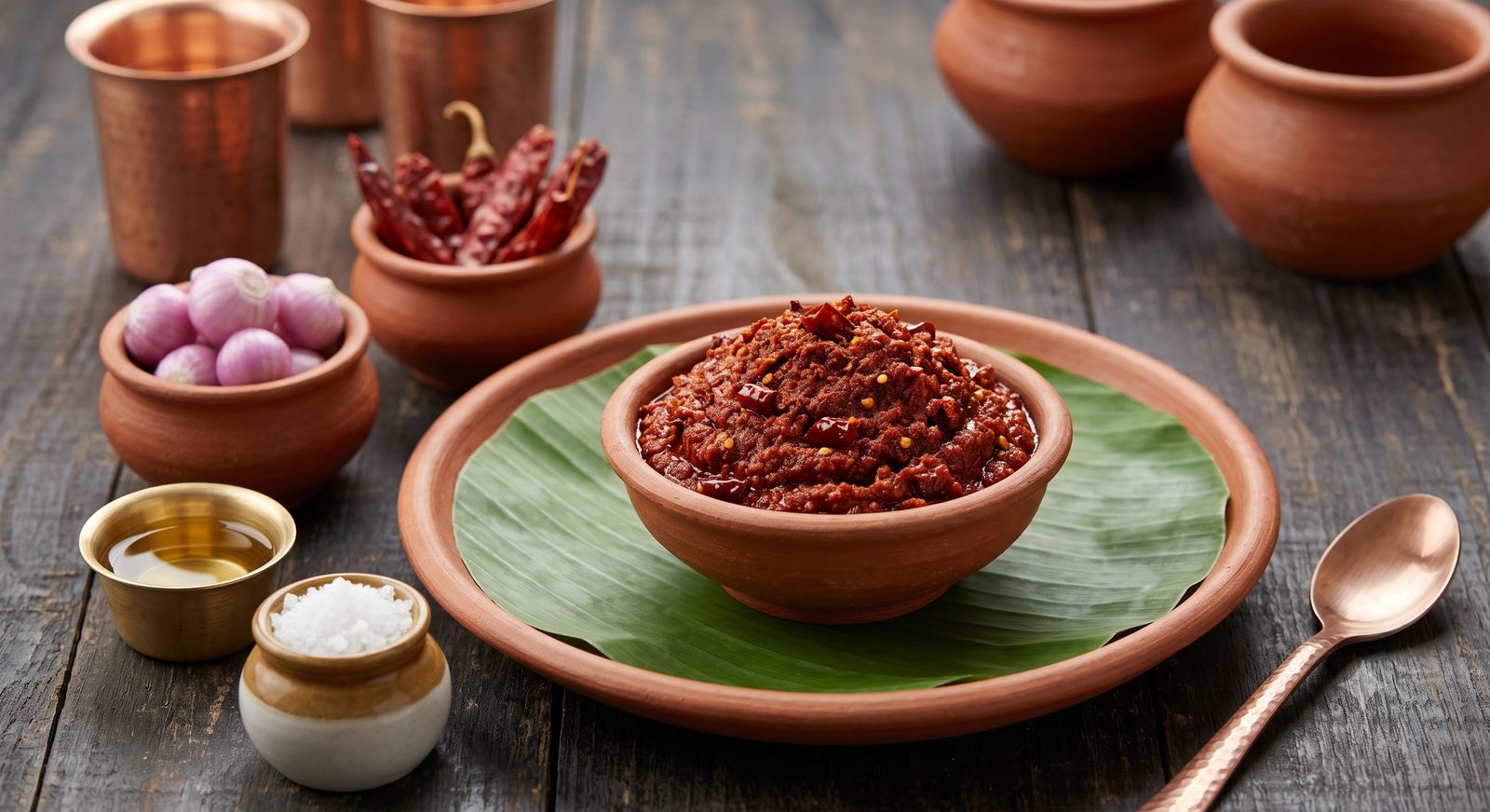 Photo of spicy chutney served in a clay bowl