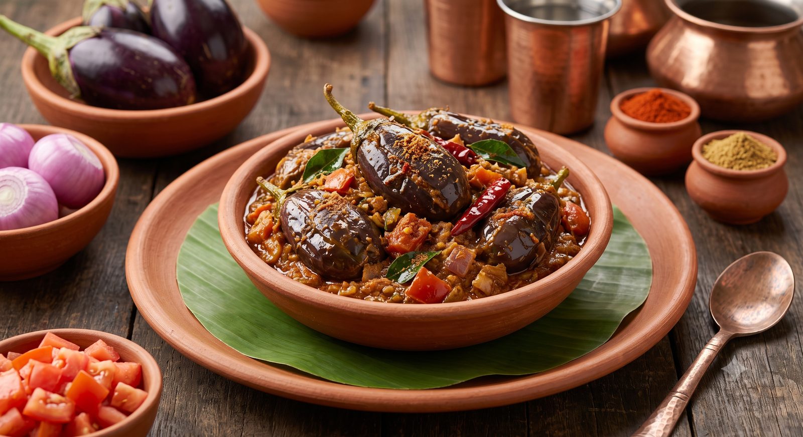 Photo of spiced brinjal served in a clay bowl