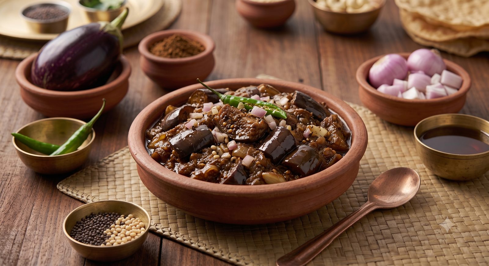 Photo of brinjal tamarind kuzhambu served in a clay bowl