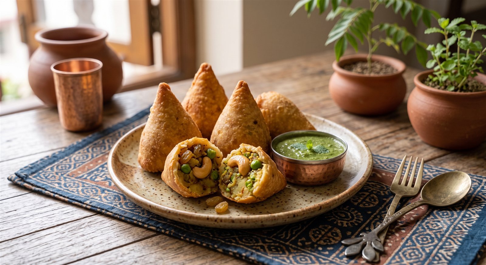 Photo of Kinch Mosara (Stuffed Potato Cones) cut open showing the potato-pea filling