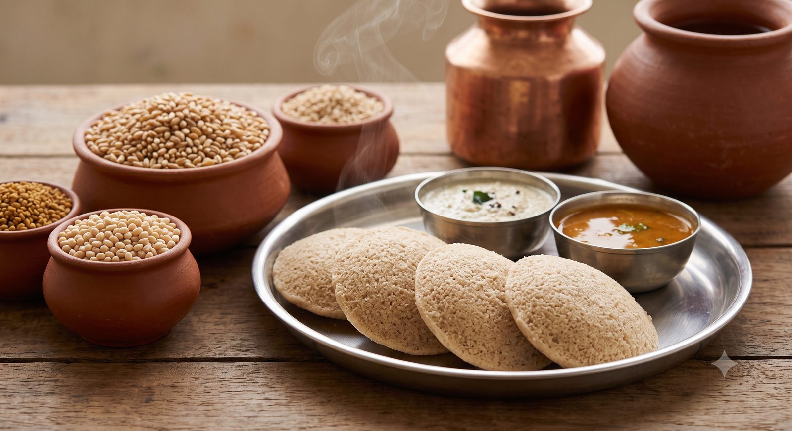 Photo of wheat idli served on a steel plate