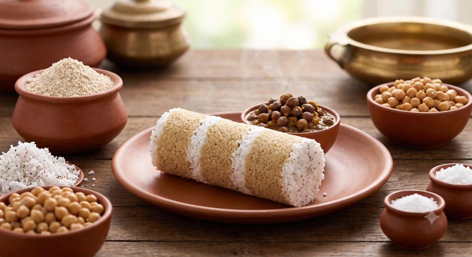 Photo of wheat puttu served on a clay plate
