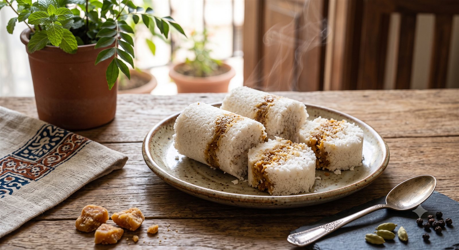 Photo of Kuzhai Puttu (Tube Puttu) cut into discs showing the layers