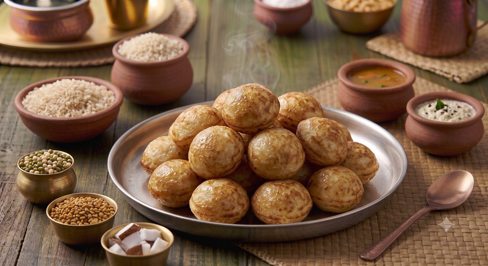 Photo of kuzhi paniyaram served on a steel plate
