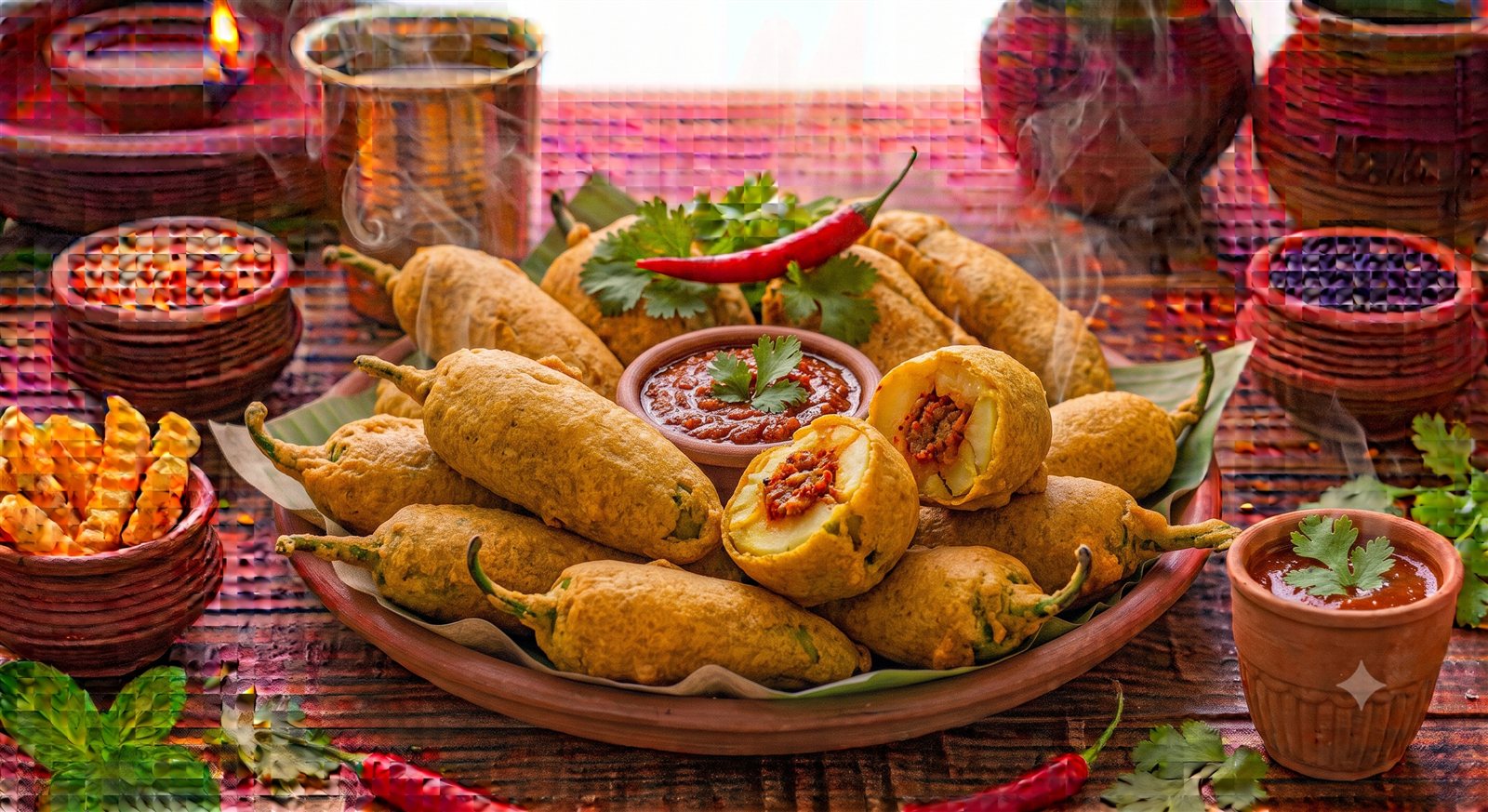 Photo of Lasania (Stuffed Potato Bajji) sliced open showing the spiced filling