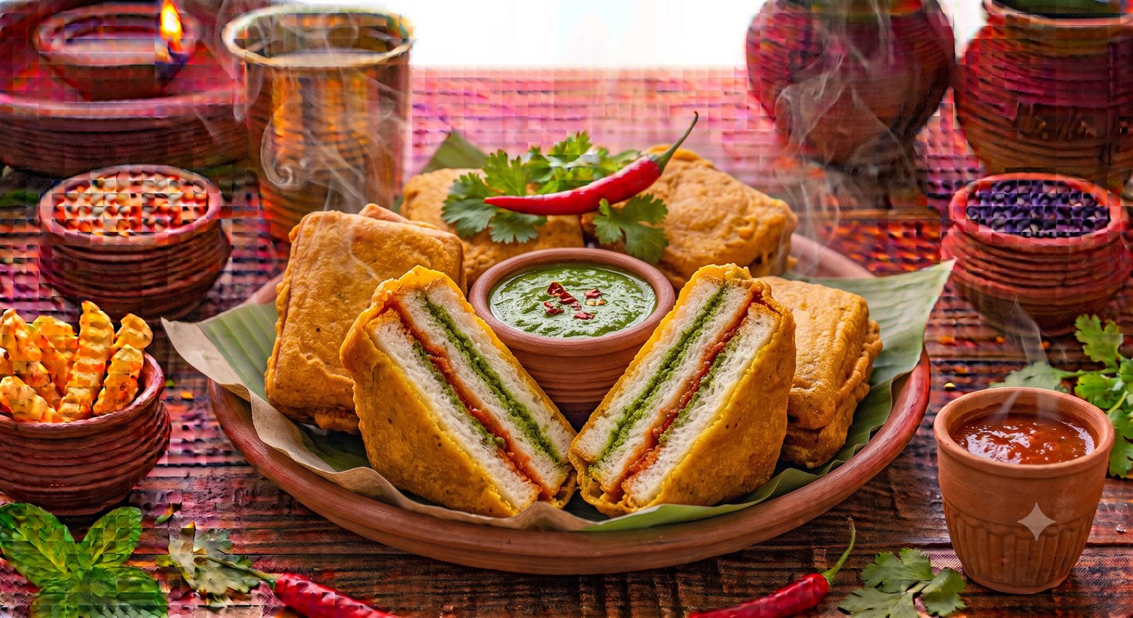 Photo of Layered Sandwich Bajji cut open, served with tomato sauce