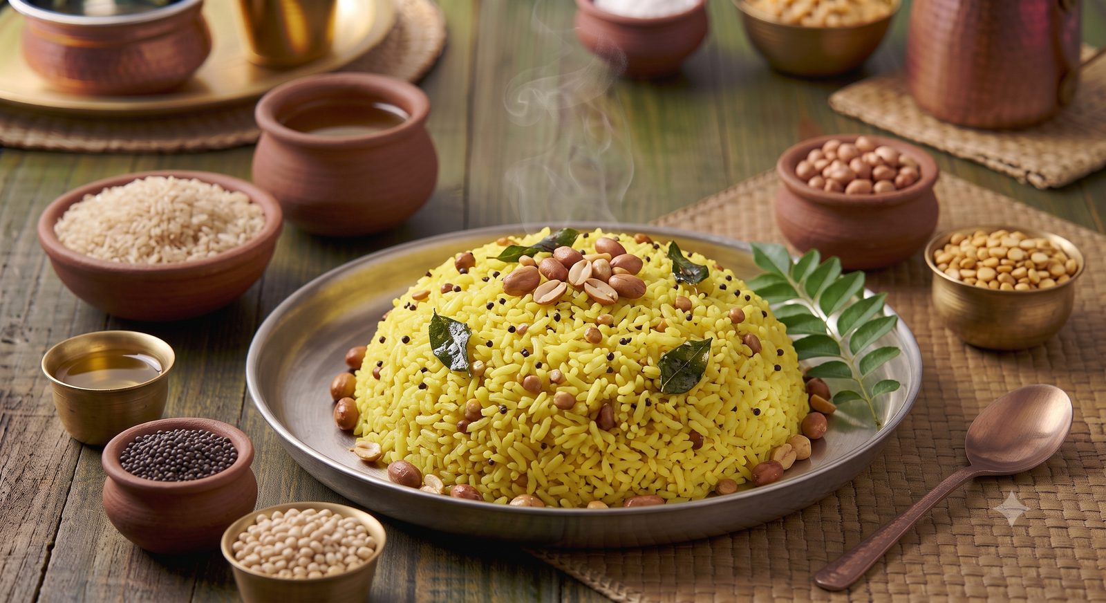 Photo of lemon rice served on a steel plate