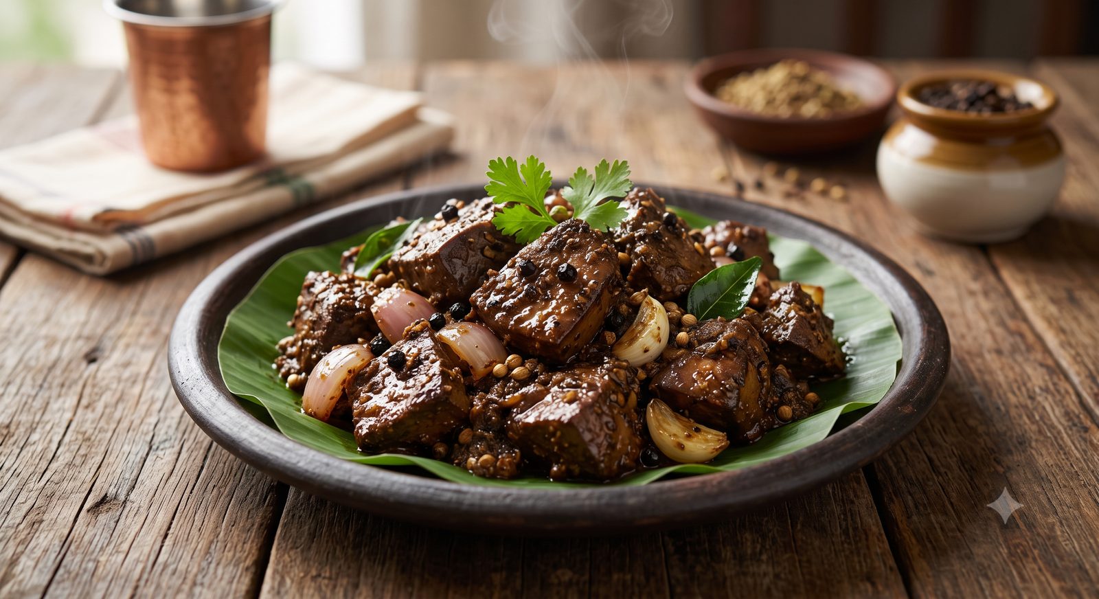 Photo of liver pepper chops served on a banana leaf