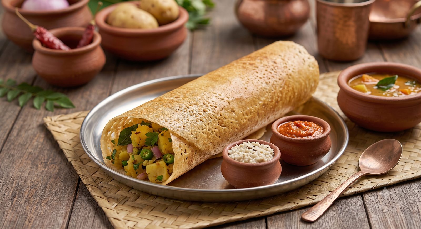 Photo of masala dosa served with chutney