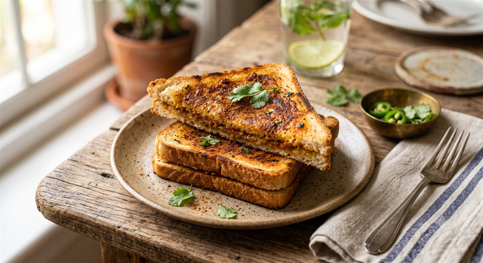 Photo of Masala Toast griddle-toasted with light char marks