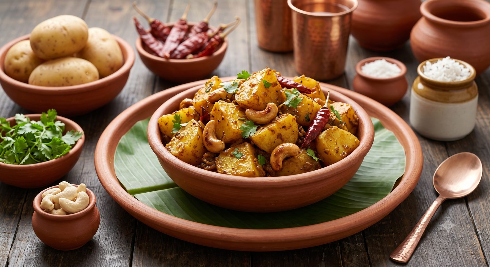 Photo of spiced potatoes served in a clay bowl