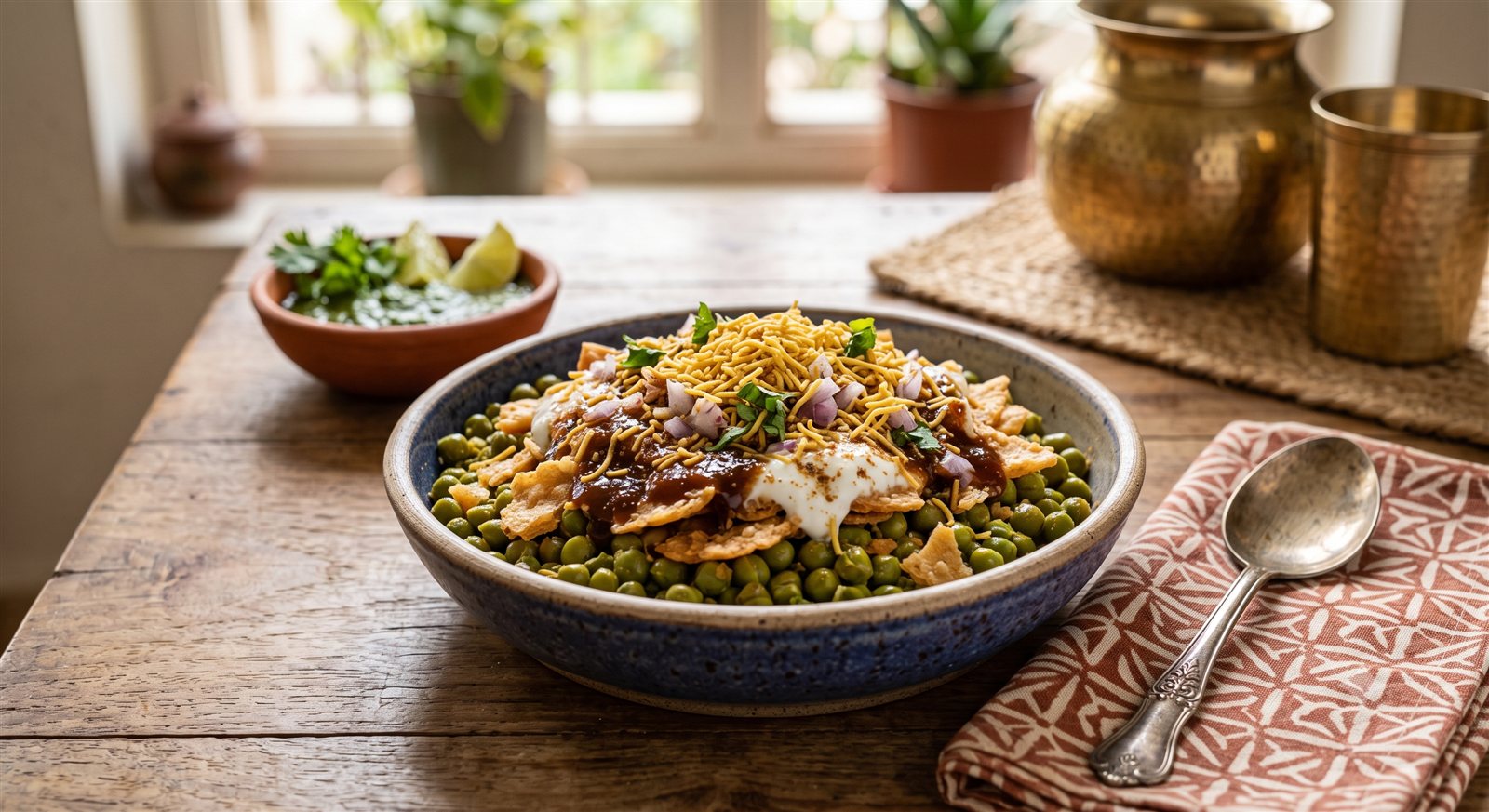 Photo of Mattar Chat topped with puri pieces and sev