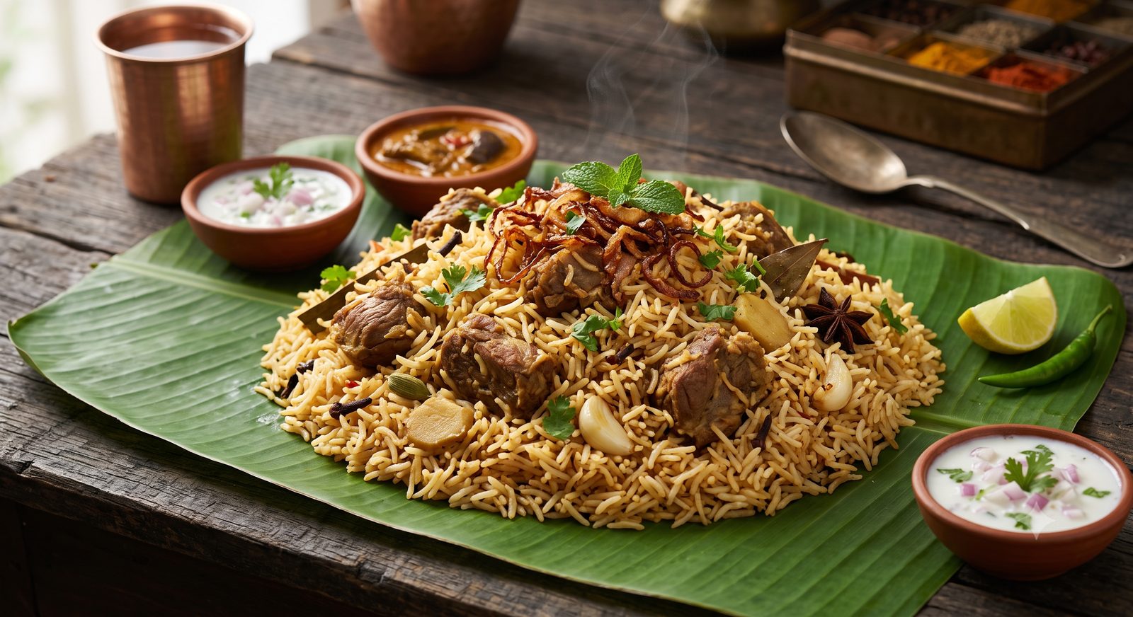 Photo of meat biryani served on a banana leaf